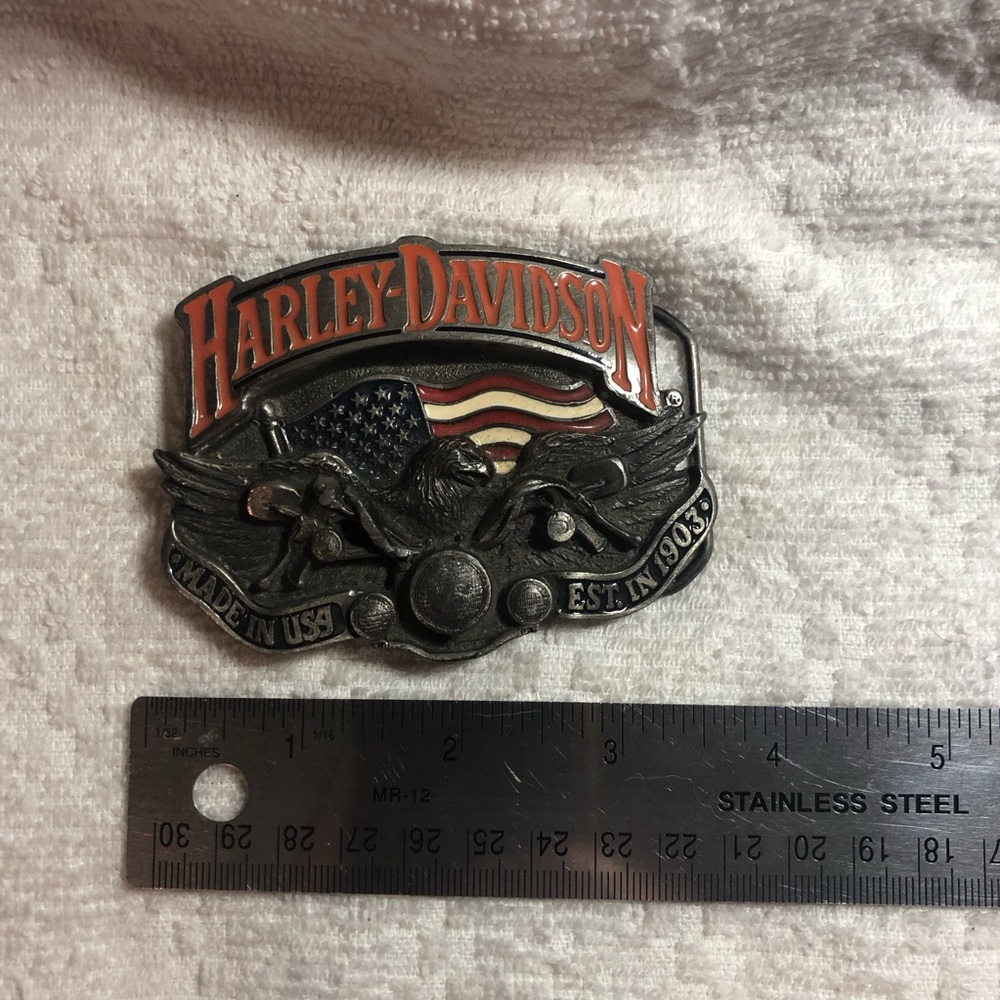 Harley-Davidson eagle riding motorcycle enamel painted belt buckle 1991
